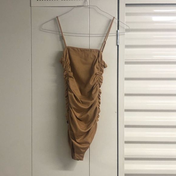 Free People NWT On Your Side Bodysuit Ruched Tan Sleeveless, Size Small, MSRP $5 - Picture 3 of 10